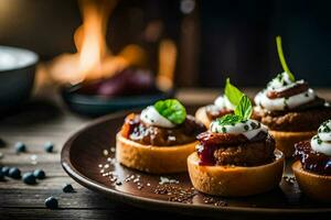 small appetizers on a plate with a fire in the background. AI-Generated photo