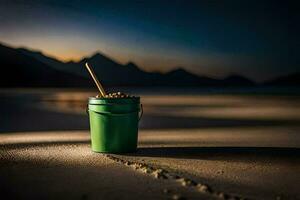 a bucket of sand on the beach at sunset. AI-Generated photo