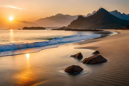 el Dom conjuntos terminado un playa con rocas y agua. generado por ai foto