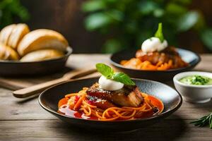 two bowls of spaghetti with meat and sauce. AI-Generated photo