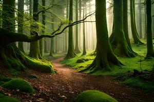 un camino mediante un verde bosque con cubierto de musgo arboles generado por ai foto