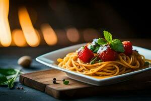 spaghetti with strawberries and mint leaves on a plate. AI-Generated photo