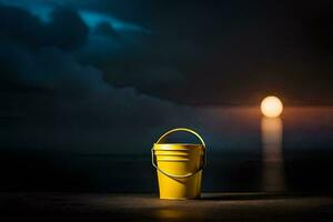 un amarillo Cubeta sentado en un mesa en frente de un lleno Luna. generado por ai foto