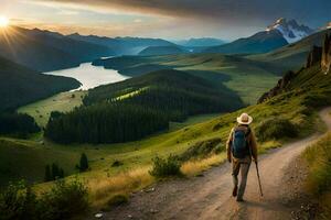 un hombre con un mochila camina a lo largo un camino en el montañas. generado por ai foto