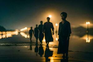 foto fondo de pantalla el noche, gente, el mar, el playa, el luna, el agua,. generado por ai