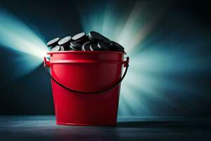 a red bucket filled with black coins. AI-Generated photo