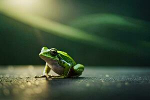 un rana sentado en el suelo con un verde antecedentes. generado por ai foto