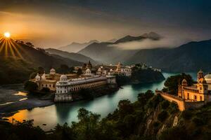 el Dom sube terminado un lago y un palacio en India. generado por ai foto