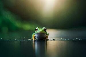 a frog sitting on the ground with water droplets on it. AI-Generated photo