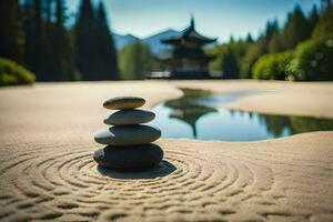 a stack of stones on the sand in front of a pagoda. AI-Generated photo