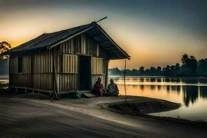two people sit outside of a small hut on the shore of a river. AI-Generated photo