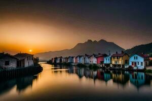 a river with houses and mountains in the background. AI-Generated photo