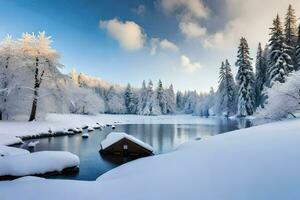 a snowy lake surrounded by trees and snow. AI-Generated photo