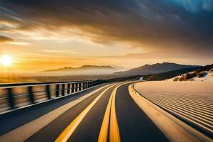 a long exposure photograph of a road with mountains in the background. AI-Generated photo