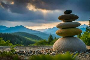 a stack of stones in front of a mountain range. AI-Generated photo