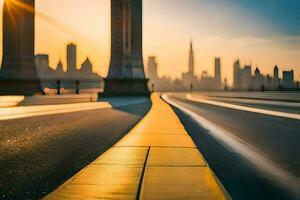 un borroso imagen de un ciudad horizonte a puesta de sol. generado por ai foto