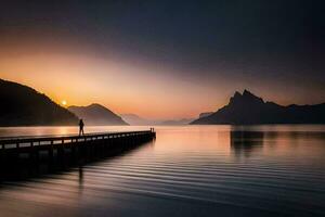 a man stands on a pier looking out over a lake. AI-Generated photo