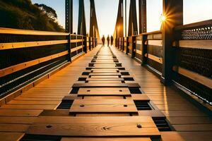 a bridge with wooden benches at sunset. AI-Generated photo