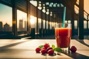 a glass of juice with berries on a table. AI-Generated photo