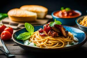 spaghetti with meat and tomatoes in a bowl. AI-Generated photo