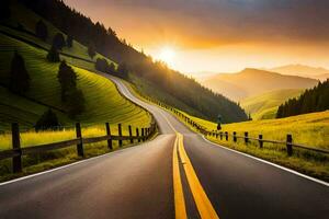 a road in the mountains with the sun setting. AI-Generated photo