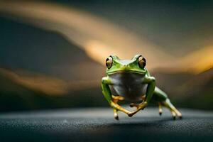 a frog is standing on the ground with its legs spread. AI-Generated photo