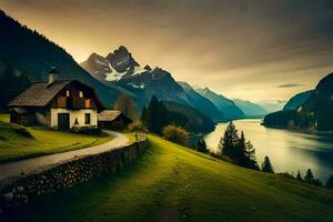 the house on the lake, alps, austria. AI-Generated photo