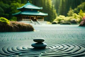 a zen garden with stones and a pagoda. AI-Generated photo