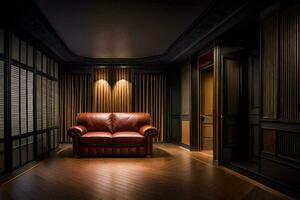 a room with a leather couch and wooden paneling. AI-Generated photo