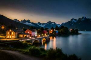 un pueblo en el montañas a noche. generado por ai foto