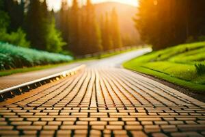 a road with a brick path in the middle of a field. AI-Generated photo