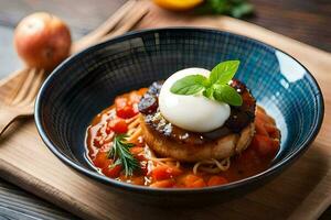 a bowl of food with meat and vegetables. AI-Generated photo