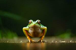 a frog is standing on the ground with its eyes open. AI-Generated photo
