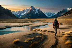 un hombre camina mediante el Desierto a puesta de sol. generado por ai foto