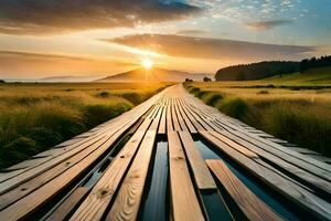 a wooden walkway in the middle of a field at sunset. AI-Generated photo