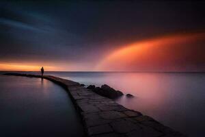 a man stands on a pier looking at the sunset. AI-Generated photo