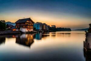 a house on the water at sunset with a mountain in the background. AI-Generated photo