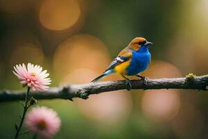 a blue and yellow bird is sitting on a branch. AI-Generated photo