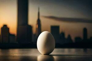 an egg sitting on a table in front of a cityscape. AI-Generated photo