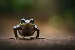 a frog sitting on the ground with its eyes open. AI-Generated photo