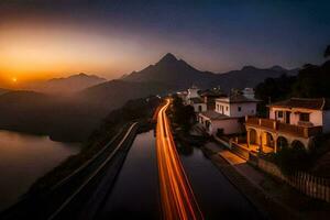 a long exposure photograph of a road and houses in the mountains. AI-Generated photo