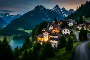 photo wallpaper mountains, the night, the road, the village, the lake, the mountains,. AI-Generated