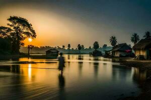 a man is walking across the river at sunset. AI-Generated photo