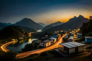 un pueblo a puesta de sol con un río y montañas en el antecedentes. generado por ai foto