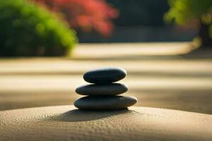 a stack of stones sitting on top of a sandy ground. AI-Generated photo