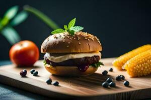 a hamburger with cheese, tomatoes and corn on a cutting board. AI-Generated photo