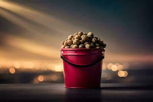 a bucket filled with nuts on a table. AI-Generated photo