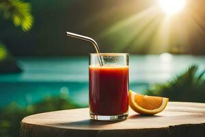 a glass of juice with a straw on a table. AI-Generated photo
