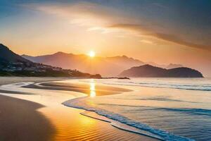 el Dom sube terminado el Oceano y montañas en esta hermosa foto. generado por ai foto