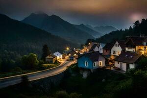 photo wallpaper the sky, mountains, road, houses, village, night, road, road,. AI-Generated